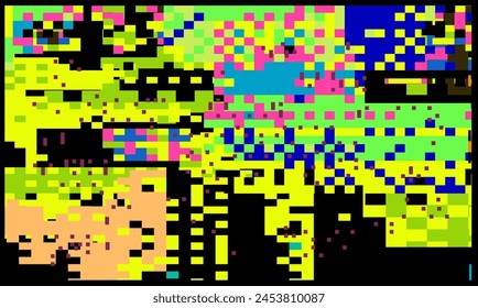 Fondo de neón brillante y vibrante con destellos de píxeles y parpadeos. Concepto de Ilustración vectorial de un código de programa roto o daño de malware. 