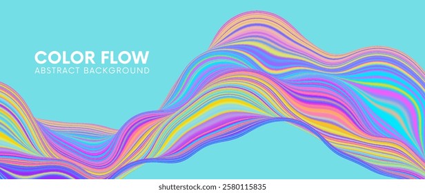 Bright vibrant neon gradient wave with smooth flowing pattern in yellow, blue, pink colors. Dynamic colorful wave design with abstract flowing liquid shape for modern digital art and dynamic designs