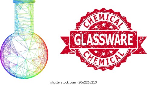 Bright vibrant net chemical flask, and Chemical Glassware scratched ribbon stamp seal. Red stamp has Chemical Glassware caption inside ribbon.