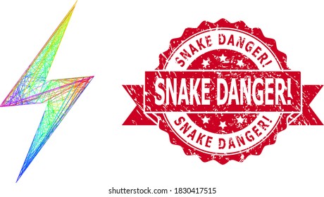 Bright vibrant network electric strike, and Snake Danger! rubber ribbon seal. Red stamp seal has Snake Danger! text inside ribbon.Geometric wire carcass flat network based on electric strike icon,
