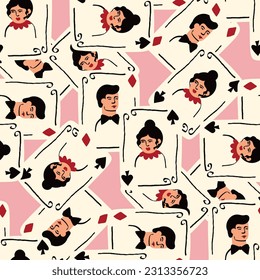 Bright vibrant pattern with Playing cards with Jack and Queen of Spades. Playing cards background