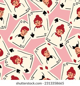 Bright vibrant pattern with Playing cards with Jack and Queen of Spades. Playing cards background