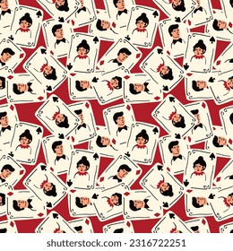 Bright vibrant pattern with Playing cards with Jack and Queen of Spades. Playing cards background