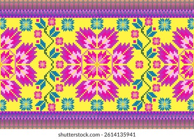 A bright and vibrant pixel art fabric design featuring pixelated floral patterns on a yellow background.tribal, Indian, and geometric textiles, this design beautifully blends ethnic culture, modern.