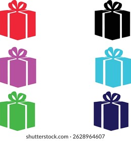 Bright and vibrant present icons in multiple colors including red, black, pink, cyan, green, and navy, ideal for holiday, celebration, and festive design projects.