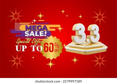 Bright and vibrant promotional sale banner featuring the text '3.3 Mega Sale' with special discounts, gold elements, and a red festive background decorated with golden stars for an impactful shopping 