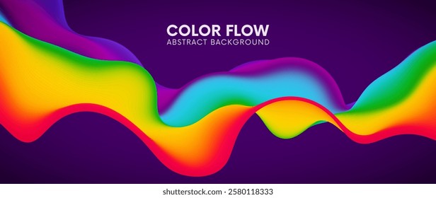 Bright vibrant rainbow gradient waves with smooth flowing blending colors. Dynamic colorful waves with abstract flowing liquid shape on dark purple background for creative project. Vector illustration