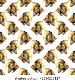 Bright and vibrant seamless pattern featuring colorful tropical fish. Perfect for aquatic-themed designs, textiles, and decor, adding a lively and exotic touch.