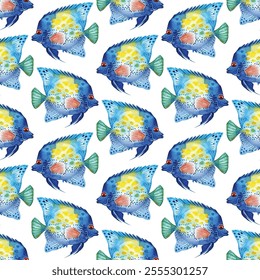 Bright and vibrant seamless pattern featuring colorful tropical fish. Perfect for aquatic-themed designs, textiles, and decor, adding a lively and exotic touch.