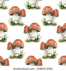 Bright and vibrant seamless pattern featuring red and white spotted mushrooms, perfect for nature themed designs, textiles and wallpapers. Eye catching design adds a whimsical touch to any project.