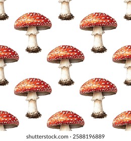 Bright and vibrant seamless pattern featuring red and white spotted mushrooms, perfect for nature themed designs, textiles and wallpapers. Eye catching design adds a whimsical touch to any project.