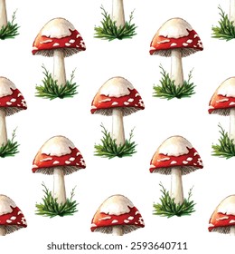 Bright and vibrant seamless pattern featuring red and white spotted mushrooms, perfect for nature themed designs, textiles and wallpapers. Eye catching design adds a whimsical touch to any project.