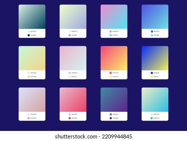 Bright vibrant set of gradients background swatches. Holographic multicolor green purple yellow orange pink gradients. Modern screen vector design for mobile app. UI UX soft color abstract gradients.