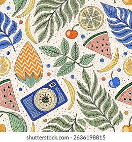 Bright and vibrant summer-themed vector pattern featuring hand-drawn tropical leaves, fruits, and a vintage camera set against a dotted background.