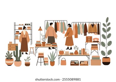 Bright and vibrant swap party concept featuring women selecting trendy clothes, shoes, and accessories at a fair. Flea market,  flat cartoon-style vector illustration.