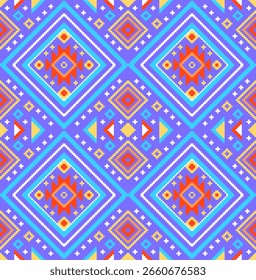 Bright and vibrant tribal geometric pattern featuring diamond shapes and pixel-style motifs. Perfect for fashion design, digital textile prints, and accessories.