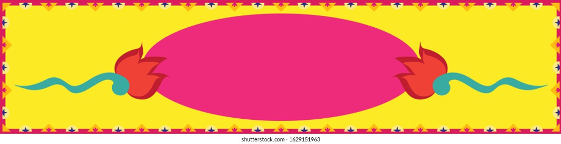 Bright and vibrant truck art, ethnic, tribal horizontal banner background template with floral borders and funky vibes with pop colors and empty space on the board for your text and artistic elements.