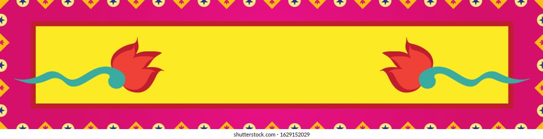 Bright and vibrant truck art, ethnic, tribal horizontal banner background template with floral borders and funky vibes with pop colors and empty space on the board for your text and artistic elements.