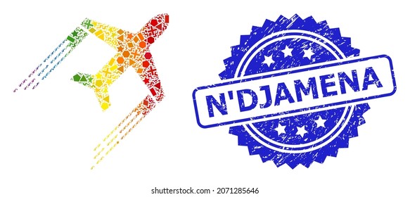 Bright vibrant vector airplane trail collage for LGBT, and N'Djamena unclean rosette stamp seal. Blue stamp seal has N'Djamena text inside rosette.