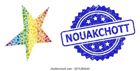 Bright vibrant vector asymmetrical star collage for LGBT, and Nouakchott corroded rosette seal print. Blue seal contains Nouakchott caption inside rosette.