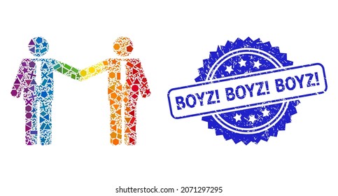 Bright vibrant vector businessmen relations collage for LGBT, and Boyz Boyz Boyz dirty rosette stamp seal. Blue stamp seal contains Boyz caption inside rosette.