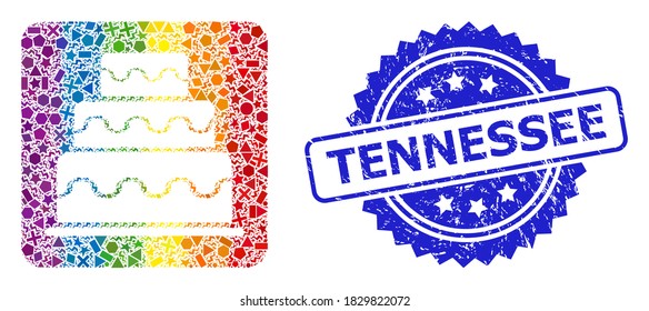 Bright vibrant vector cake mosaic for LGBT, and Tennessee dirty rosette seal. Blue stamp seal has Tennessee caption inside rosette.