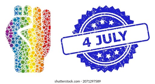 Bright vibrant vector clenched fist mosaic for LGBT, and 4 July textured rosette stamp seal. Blue stamp seal has 4 July text inside rosette.
