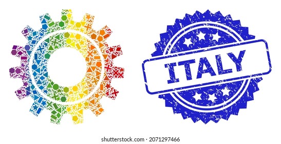 Collage brillante brillante de vectores para LGBT, e Italia corroyó el sello de rosette. Sello de sello azul con etiqueta italiana dentro de la roseta. Los elementos aleatorios geométricos se agrupan en un icono de código de collage abstracto.