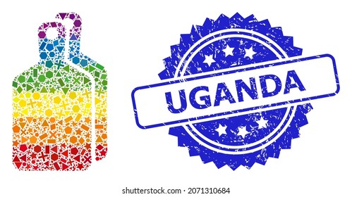 Bright vibrant vector cutting boards collage for LGBT, and Uganda unclean rosette stamp seal. Blue stamp seal contains Uganda caption inside rosette.