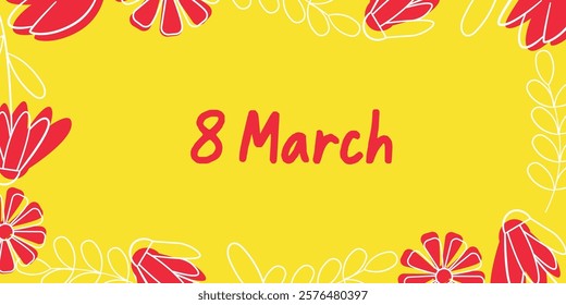 Bright Vibrant Vector Design Celebrating International Women's Day with Floral Accents. A colorful illustration themed for International Women's Day featuring red flowers and decorative elements 