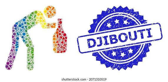 Bright vibrant vector drunky man mosaic for LGBT, and Djibouti rubber rosette stamp seal. Blue stamp has Djibouti title inside rosette.