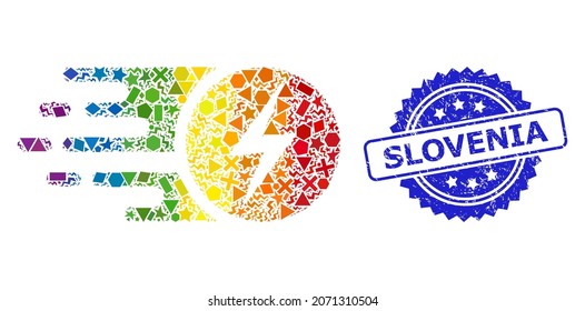 Bright vibrant vector electric charge collage for LGBT, and Slovenia corroded rosette seal print. Blue stamp seal contains Slovenia caption inside rosette.