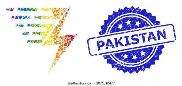 Bright vibrant vector electric power mosaic for LGBT, and Pakistan scratched rosette seal imitation. Blue stamp seal includes Pakistan caption inside rosette.