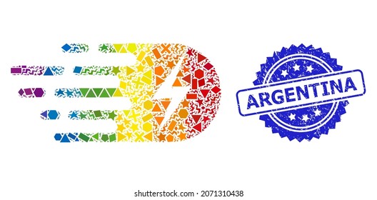 Bright vibrant vector electricity collage for LGBT, and Argentina corroded rosette stamp seal. Blue stamp seal has Argentina text inside rosette.