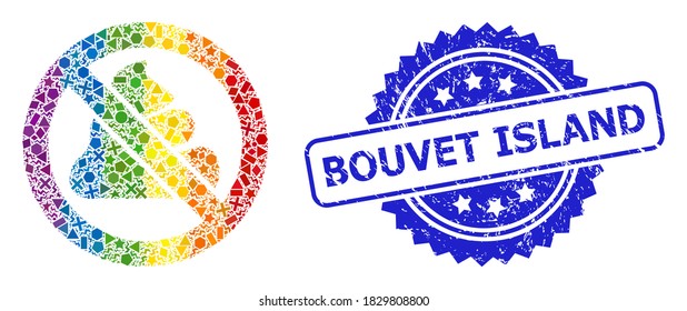 Vector vibrante brillante brillante brillante que prohíbe mosaico de mierda para LGBT, y la imitación del sello de rosette de la isla Bouvet. La foca azul tiene la leyenda de la isla Bouvet dentro de la roseta.
