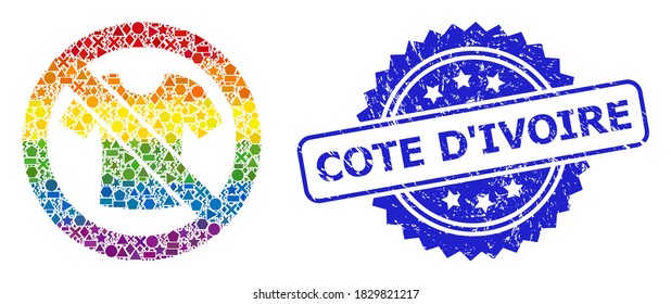Bright vibrant vector forbidden t-shirt clothes collage for LGBT, and Cote D'Ivoire grunge rosette seal imitation. Blue stamp seal includes Cote D'Ivoire text inside rosette.