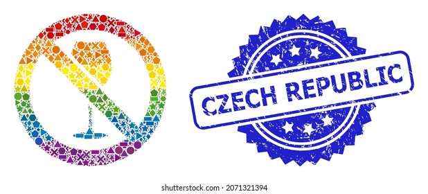 Bright vibrant vector forbidden wine collage for LGBT, and Czech Republic dirty rosette seal print. Blue stamp seal includes Czech Republic caption inside rosette.