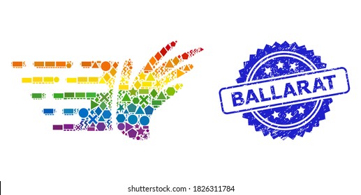Collage brillante de la mano vectorial brillante brillante para LGBT, y sello de rosette inlimpio de Ballarat. El sello azul incluye la leyenda Ballarat dentro de la roseta.