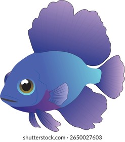 Ilustração vetorial brilhante e vibrante de um peixe azul e roxo com grandes olhos expressivos e barbatanas detalhadas. Ideal para projetos com temática aquática, livros infantis, educação oceânica ou artwo vida marinha