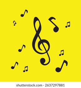 Bright and vibrant vector illustration featuring a large black treble clef surrounded by various musical notes on a solid yellow background.