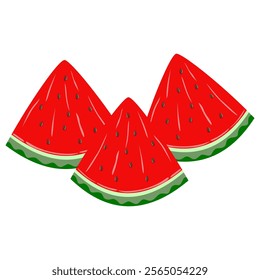 Bright and vibrant vector illustration of a juicy watermelon slice with a curved green rind, white inner layer. Perfect for summer-themed designs, food graphics, children’s illustrations.