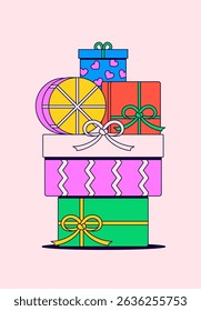 Bright and vibrant vector illustration of stacked gift boxes in various shapes and colors with ribbons and bows, perfect for holiday, birthday, or celebration themes