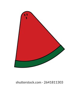 A bright and vibrant vector illustration of a whole watermelon and a sliced piece. The whole watermelon has a smooth, shiny green rind with alternating light and dark green stripes. The sliced piece r