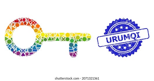 Bright vibrant vector key collage for LGBT, and Urumqi corroded rosette seal. Blue stamp seal includes Urumqi title inside rosette. Geometric random parts are composed into abstract collage key icon.