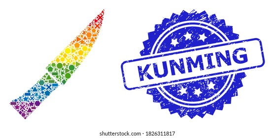 Bright vibrant vector knife collage for LGBT, and Kunming scratched rosette stamp. Blue stamp seal contains Kunming tag inside rosette.