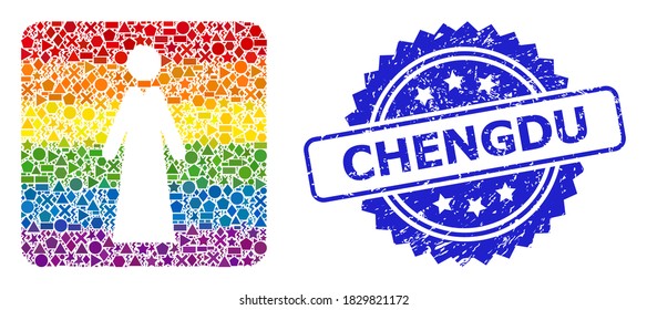 Mosaico de la dama del vector vibrante brillante brillante brillante para LGBT, y la impresión texturizada del sello de rosette en Chengdu. El sello azul tiene la etiqueta Chengdu dentro de la rosette.