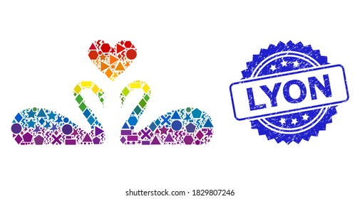 Bright vibrant vector love swans collage for LGBT, and Lyon corroded rosette stamp seal. Blue stamp seal has Lyon caption inside rosette.