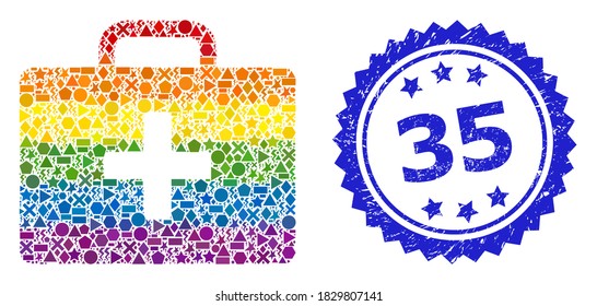 Mosaico del estuche del kit médico vectorial brillante brillante brillante brillante para LGBT, y 35 rayados de sello de rosette. El sello azul incluye 35 títulos dentro de la roseta.