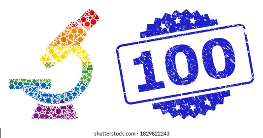 Bright vibrant vector microscope mosaic for LGBT, and 100 textured rosette stamp seal. Blue stamp seal contains 100 caption inside rosette.