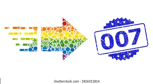 Bright vibrant vector move right mosaic for LGBT, and 007 rubber rosette stamp seal. Blue stamp seal has 007 caption inside rosette.